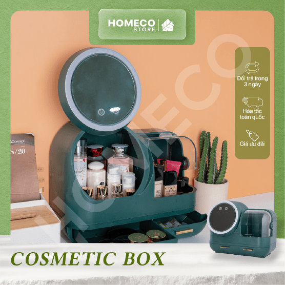 ảnh bìa Hộp đựng mỹ phẩm thông minh cao cấp Homeco tích hợp gương xoay có đèn và quạt