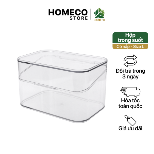 ảnh bìa Hộp nhựa trong suốt có nắp đậy Homeco đựng mỹ phẩm, phụ kiện đa năng 2 size