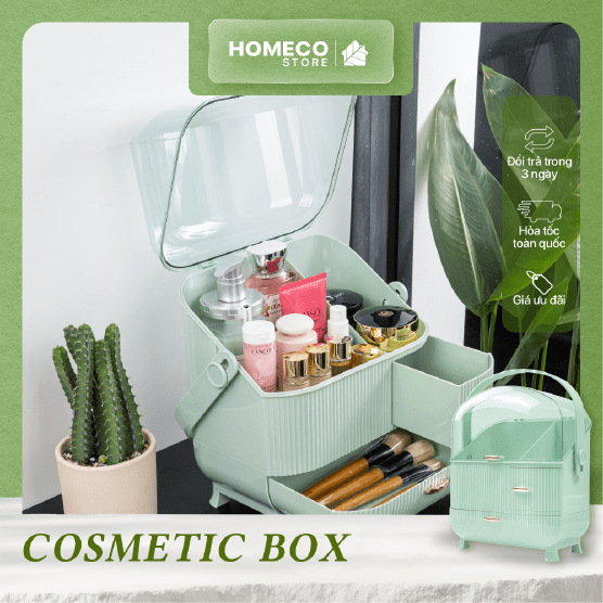 ảnh bìa Hộp đựng mỹ phẩm Homeco để bàn cao cấp 4 ngăn có quai cầm