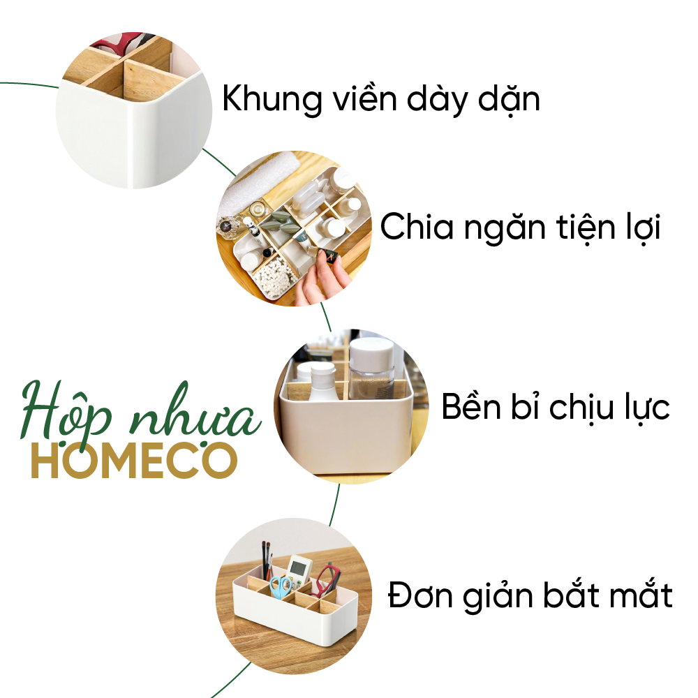 ảnh mô tả sản phẩm Khay nhựa 8 ngăn Homeco có thanh chắn bằng gỗ đựng đồ tiện lợi