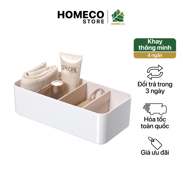 ảnh bìa Khay nhựa 4 ngăn Homeco có thanh chắn bằng gỗ đựng đồ tiện lợi