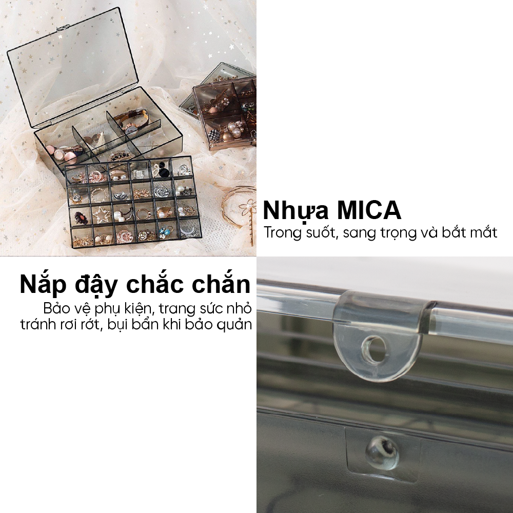 ảnh thông tin sản phẩm Hộp nhựa Homeco 6 ngăn lớn, 24 ngăn nhỏ trong suốt đựng phụ kiện. trang sức 