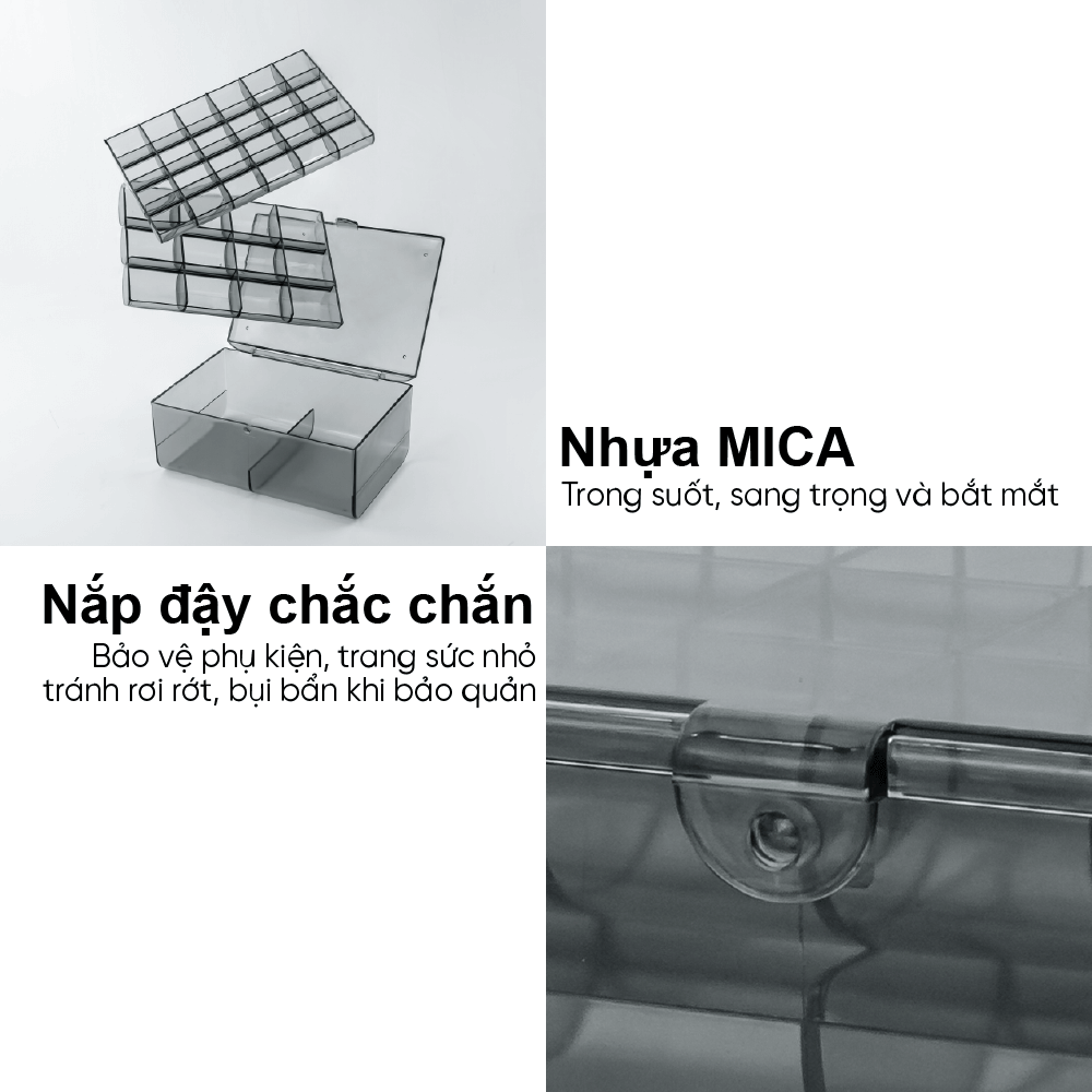 ảnh thông tin sản phẩm Hộp nhựa Homeco 3 tầng màu đen 38 ngăn nhỏ đựng trang sức, phụ kiện cá nhân
