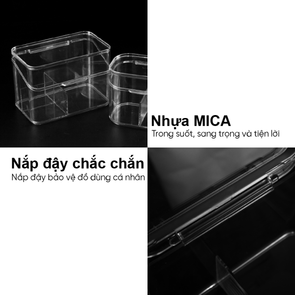 ảnh thông tin sản phẩm Hộp nhựa trong suốt 3 ngăn Homeco đựng trang sức, phụ kiện cá nhân có nắp tiện lợi