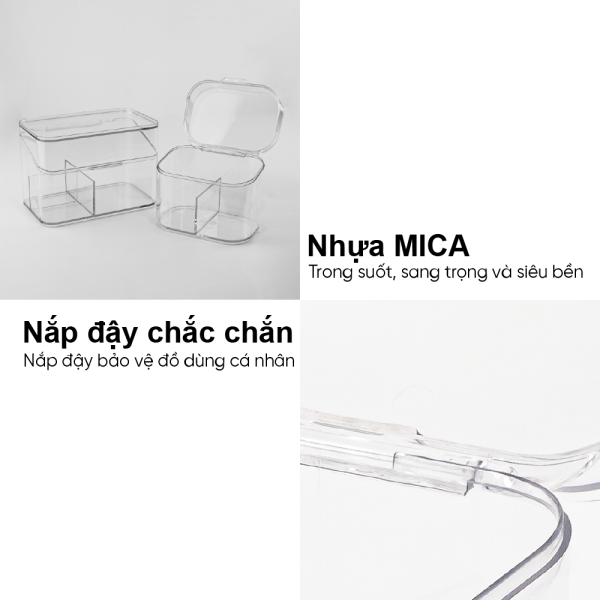 ảnh thông tin sản phẩm Hộp nhựa trong suốt 2 ngăn có nắp đậy Homeco đựng tăm bông, mỹ phẩm, phụ kiện tiện dụng