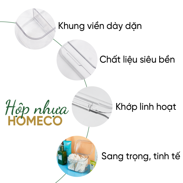 ảnh mô tả sản phẩm Hộp nhựa trong suốt 2 ngăn có nắp đậy Homeco đựng tăm bông, mỹ phẩm, phụ kiện tiện dụng