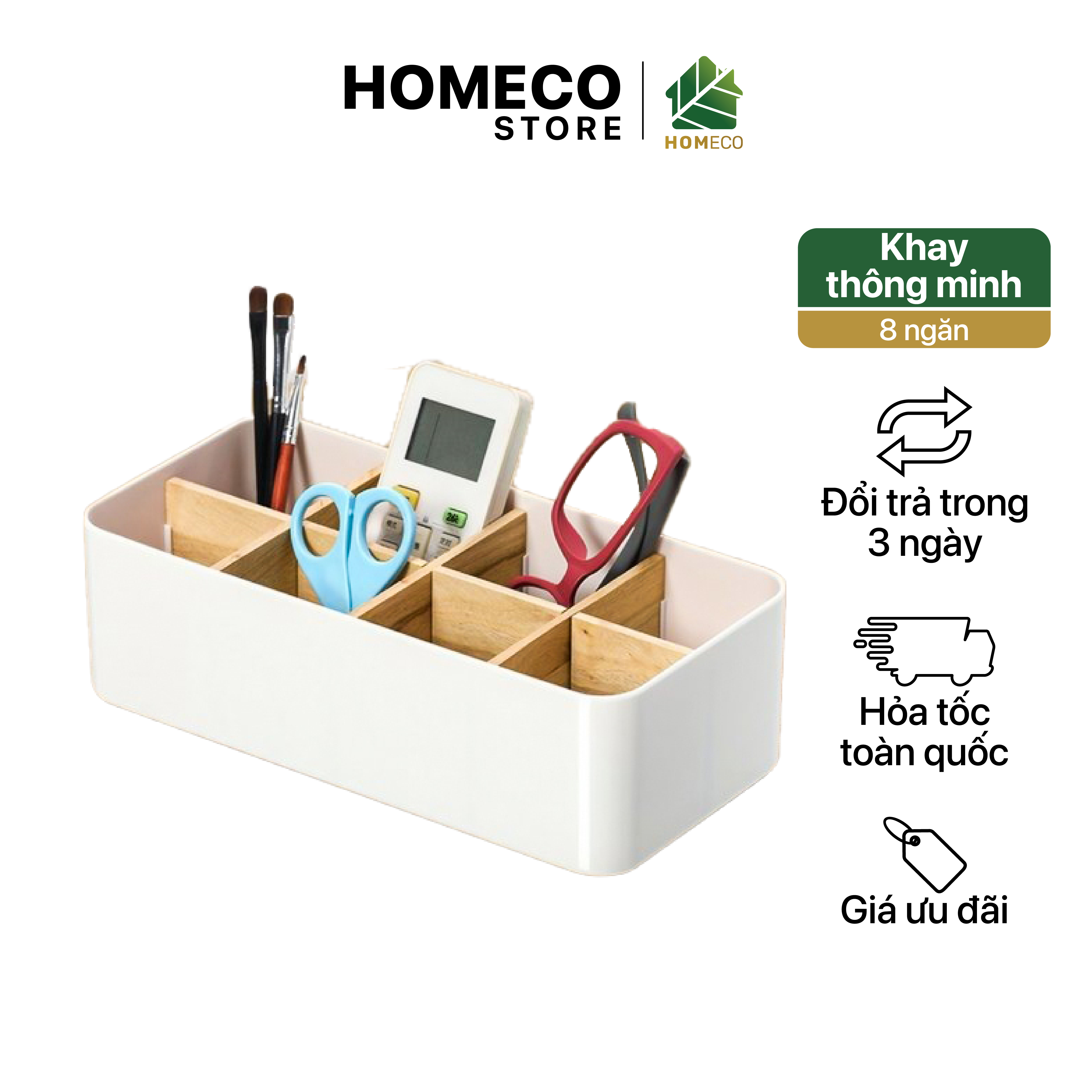 Khay nhựa 8 ngăn Homeco có thanh chắn bằng gỗ đựng đồ tiện lợi ảnh bìa Khay nhựa 8 ngăn Homeco có thanh chắn bằng gỗ đựng đồ tiện lợi