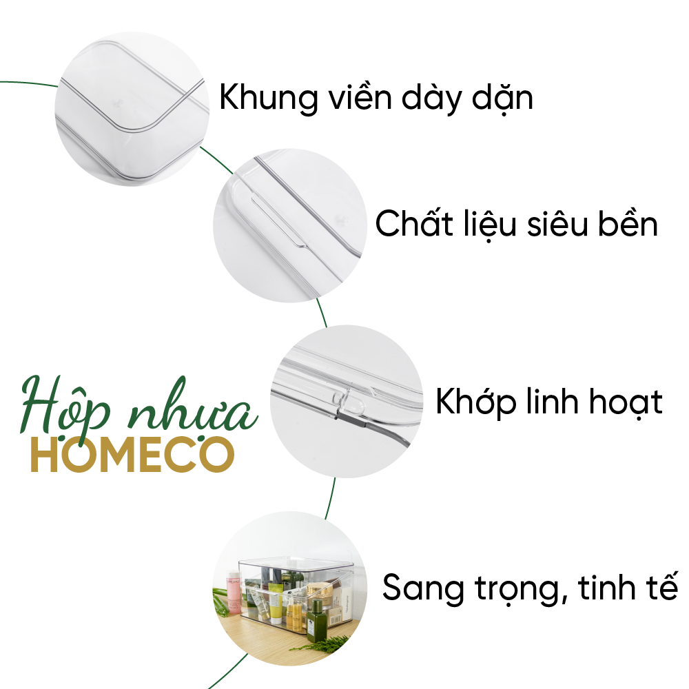 ảnh mô tả sản phẩm Hộp nhựa trong suốt có nắp đậy Homeco đựng mỹ phẩm, phụ kiện đa năng 2 size