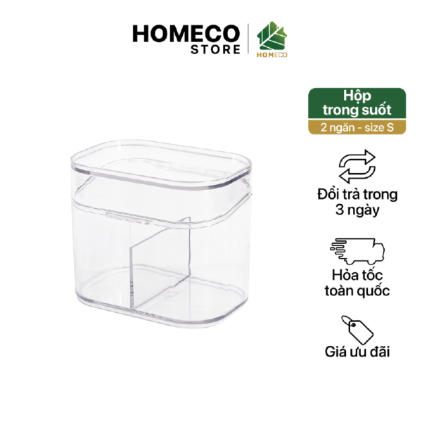 ảnh bìa Hộp nhựa trong suốt 2 ngăn có nắp đậy Homeco đựng tăm bông, mỹ phẩm, phụ kiện tiện dụng